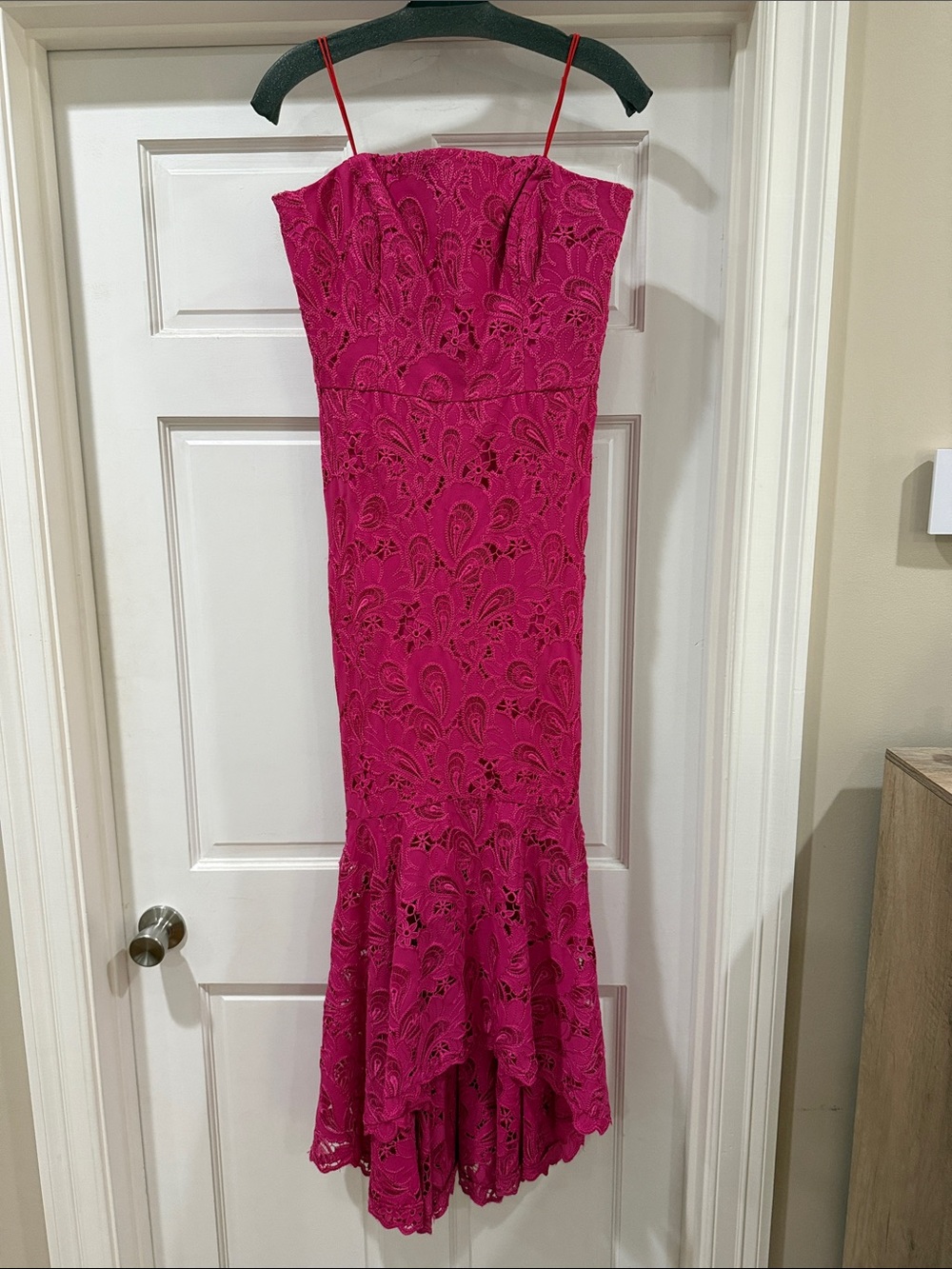 Shoshanna Fuchsia Lace Strapless Midi Dress with Mermaid Hem